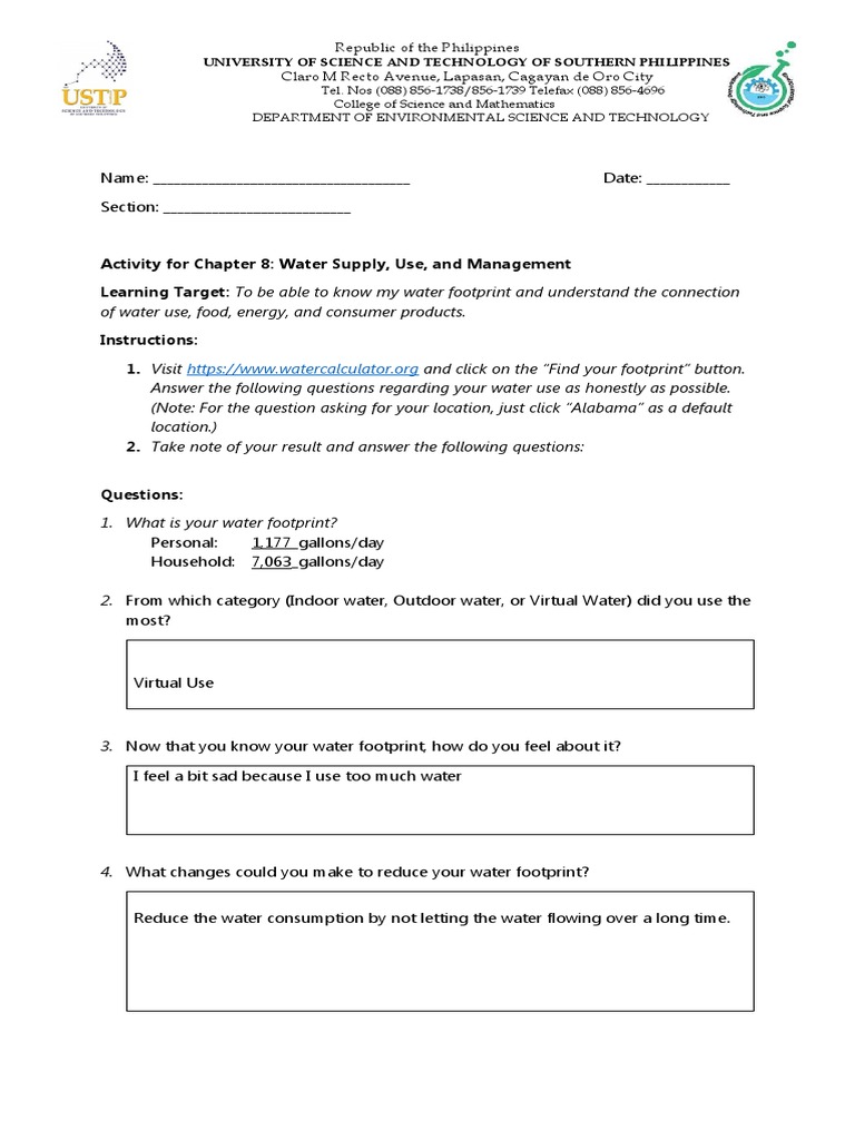 Water Footprint Calculator Activity PDF