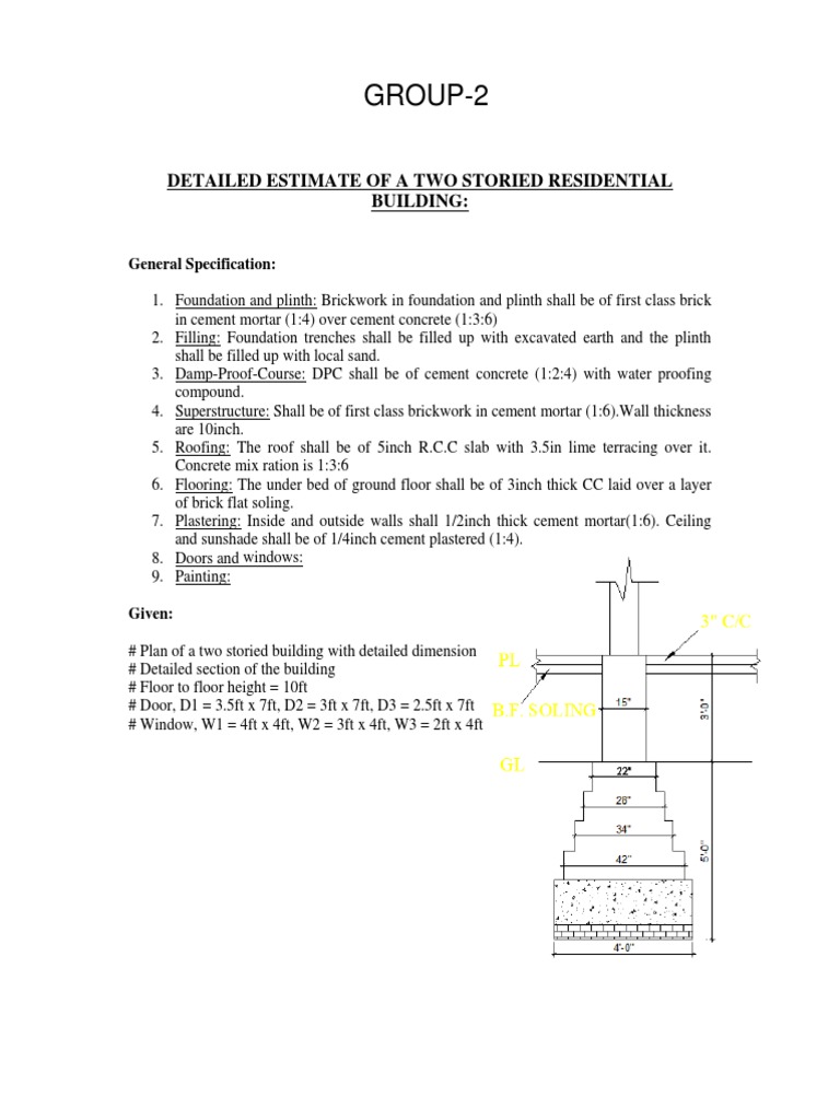 Group-2: Detailed Estimate of A Two Storied Residential Building | PDF ...