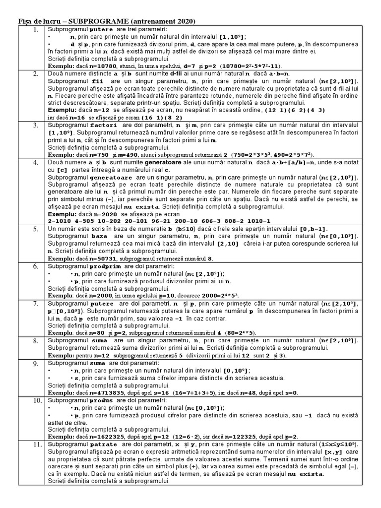 Fișa de Lucru Subprograme | PDF