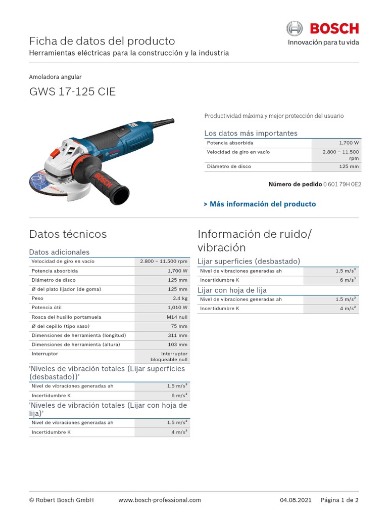 Amoladora Bosch Gws 17 125 Cie | PDF | Ingeniería mecánica | Bienes ...