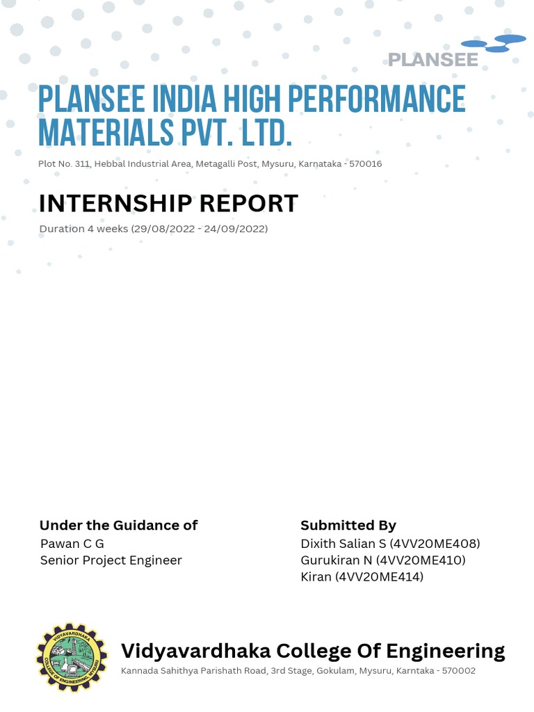 PLANSEE India Internship Report at Vidyavardhaka College Of Engineering