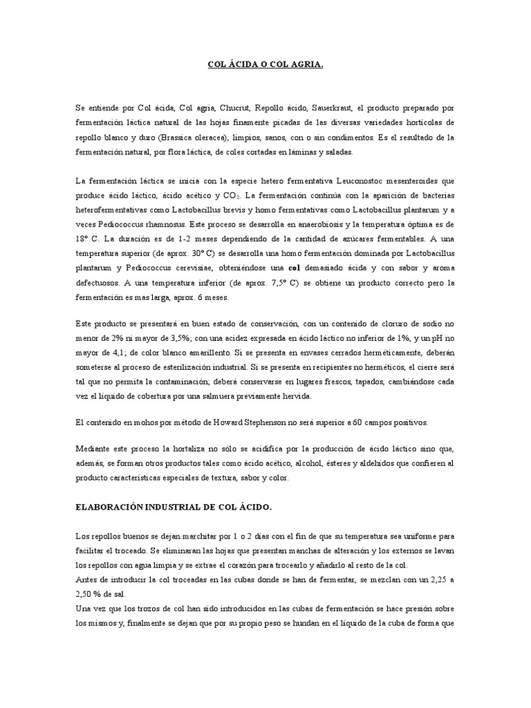 Proceso y propiedades de la col agria | PDF | Fermentación | Comida y ...