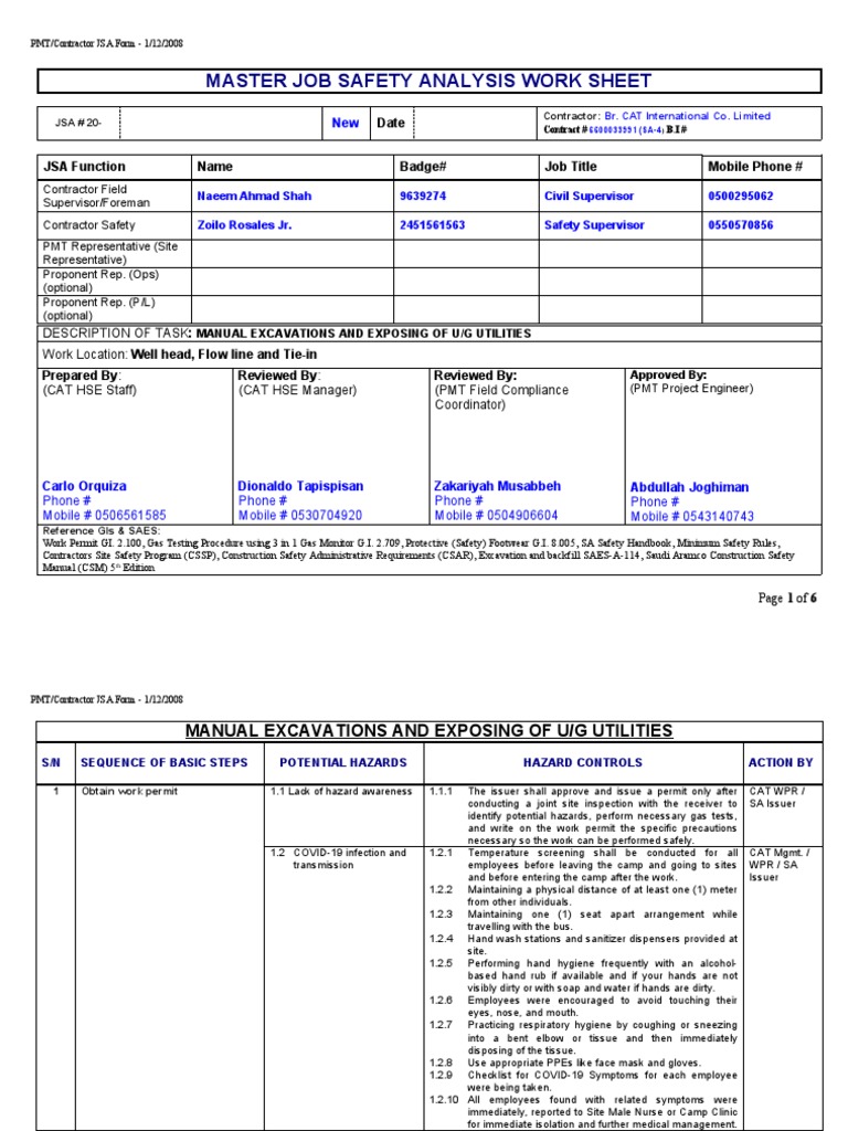 JSA for Manual Excavations Safety | PDF | Personal Protective Equipment ...