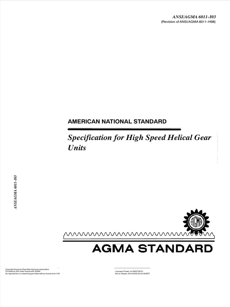 AGMA6011 I03 Specification For High Speed Helical Gear Units PDF