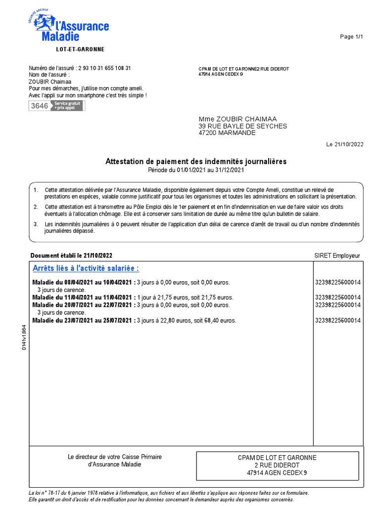Attestation de paiement IJ CPAM | PDF | Congé maladie | Relations entre ...