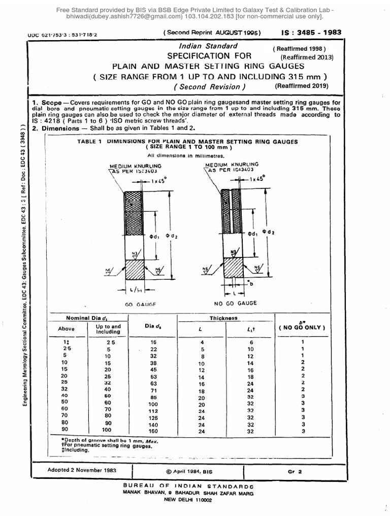 Specification FOR Plain and Master Setting Ring Gauges (Size Range From