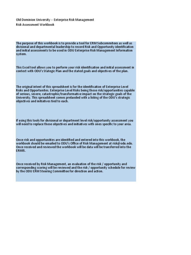 ODU Enterprise Risk Assessment Workbook | PDF | Risk | Risk Management
