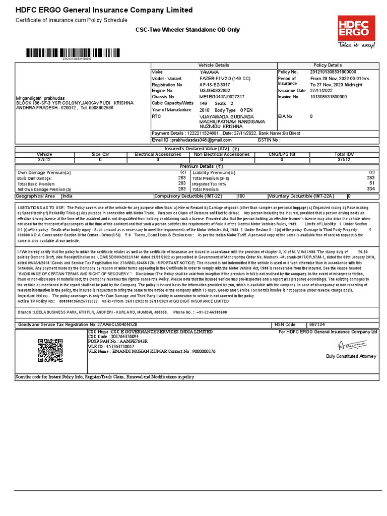 CSCTwo Wheeler Standalone OD Only Certificate of Insurance Cum Policy