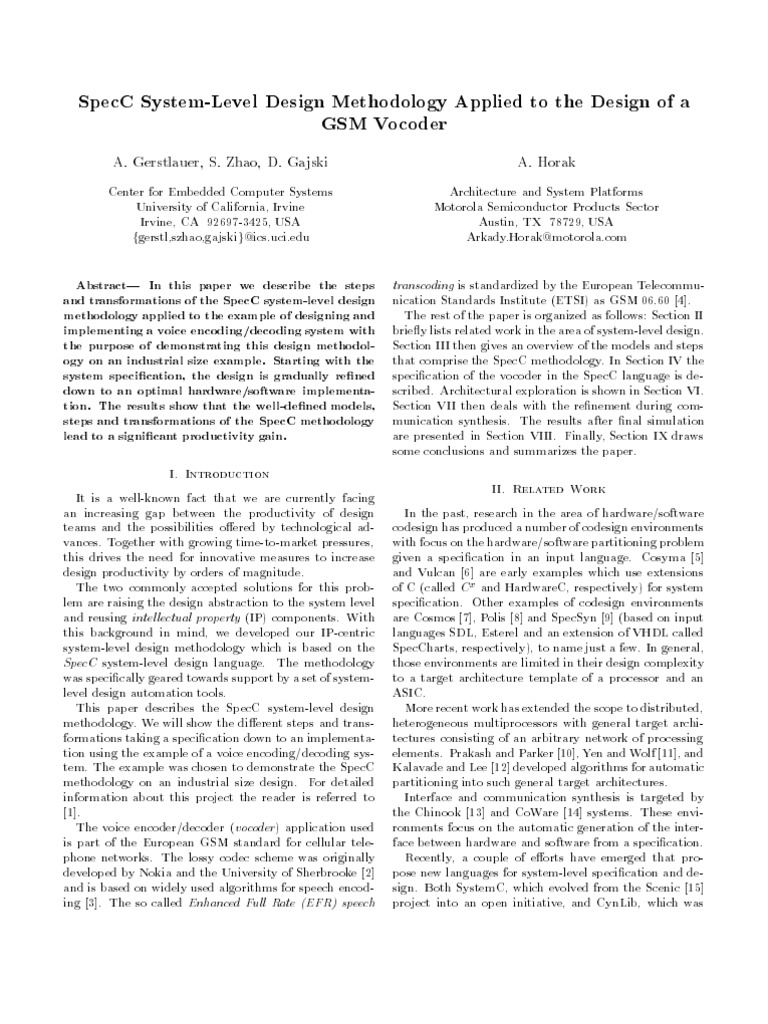 Specc System-Level Design Methodology Applied To The Design of A GSM ...