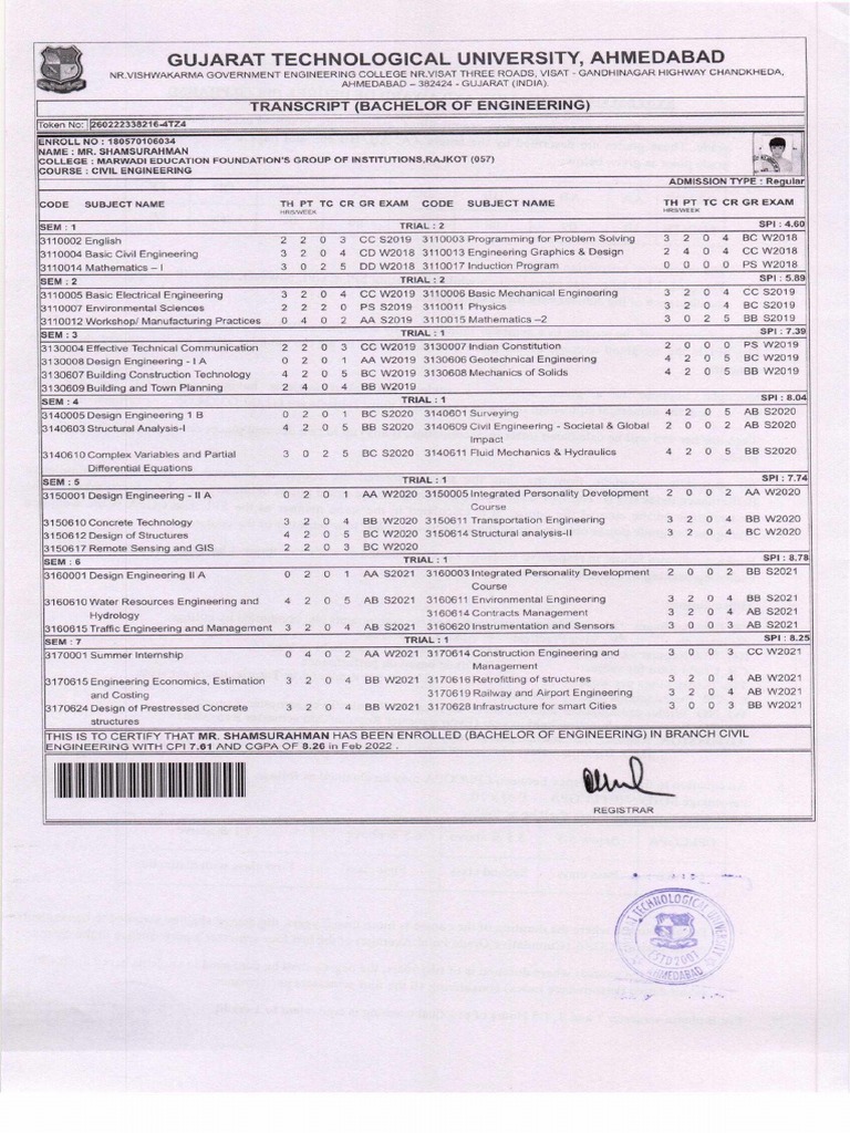 GTU - BE - Transcript Upto 7th Sem - 1-2 | PDF