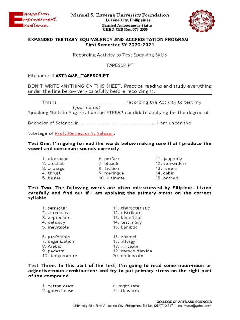 English Module 1 Take Home Speaking Tapescript Pdf English Language