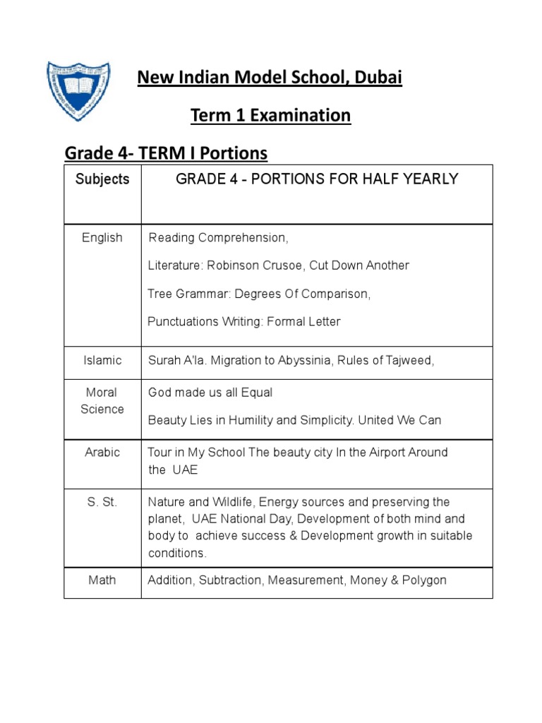 Grade 4 Term 1 Exam Syllabus | PDF | Foreign Language Studies