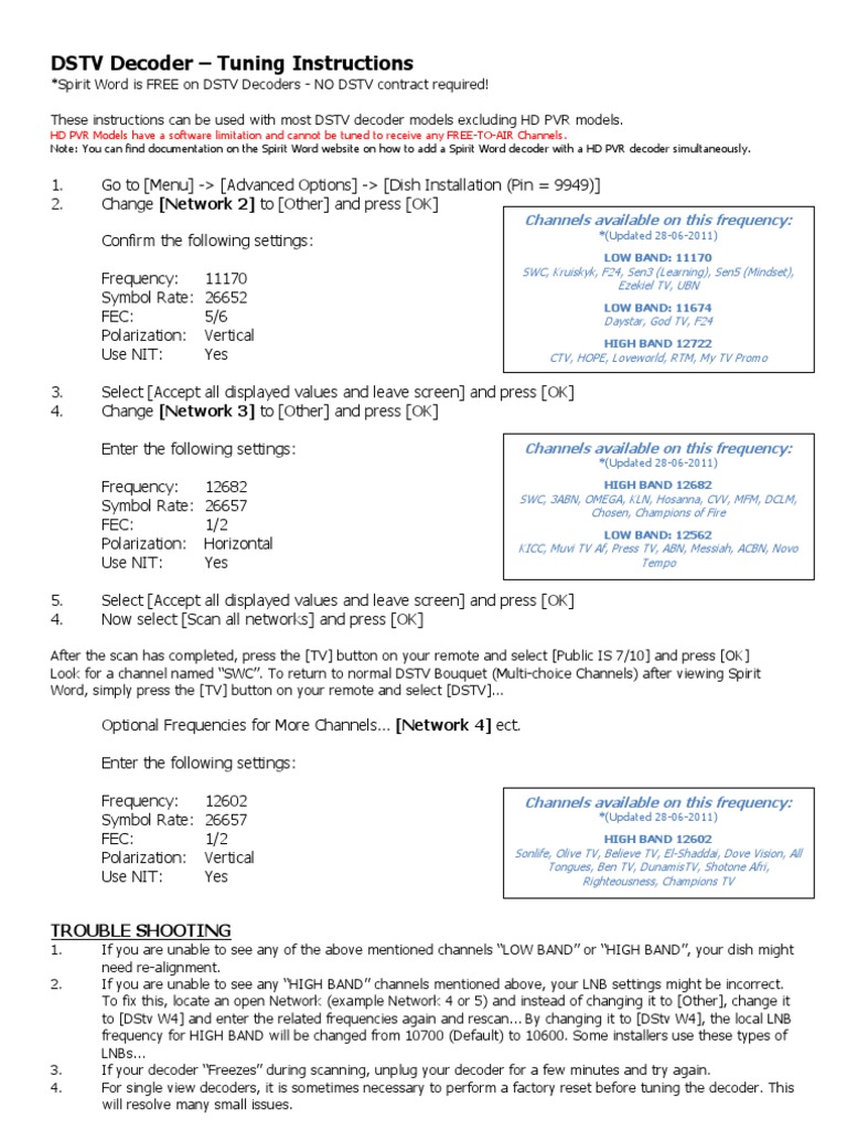 DSTV Decoder Frequency Settings Guide | PDF | Broadcast Engineering ...