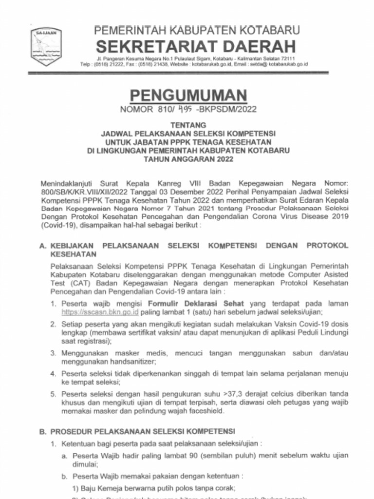Pengumuman Jadwal Pelaksanaan Seleksi Kompetensi Pppk Nakes 2022 Pdf