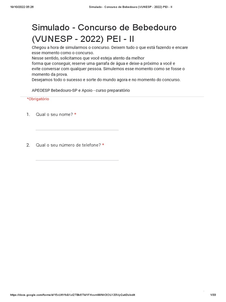 Simulado concurso de bebedouro vunesp 2022 pei ii formul rios