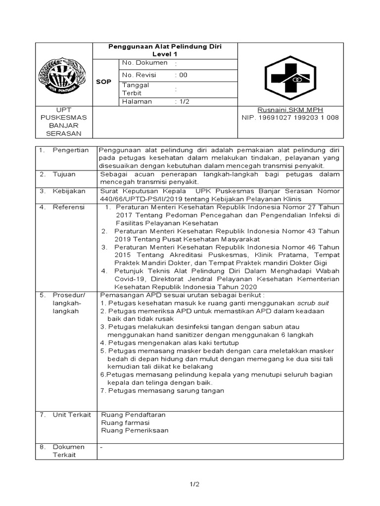 Sop Pemakaian Apd Level 1 | PDF