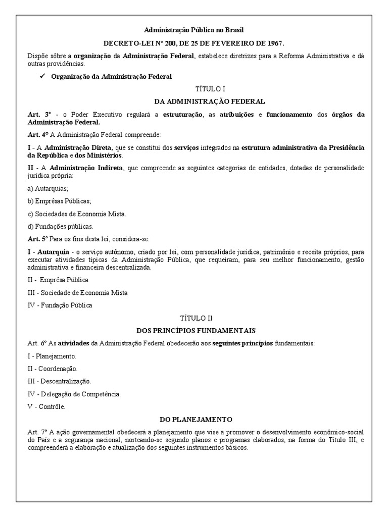 Decreto lei no 200 1967 estrutura e princ pios da administra o