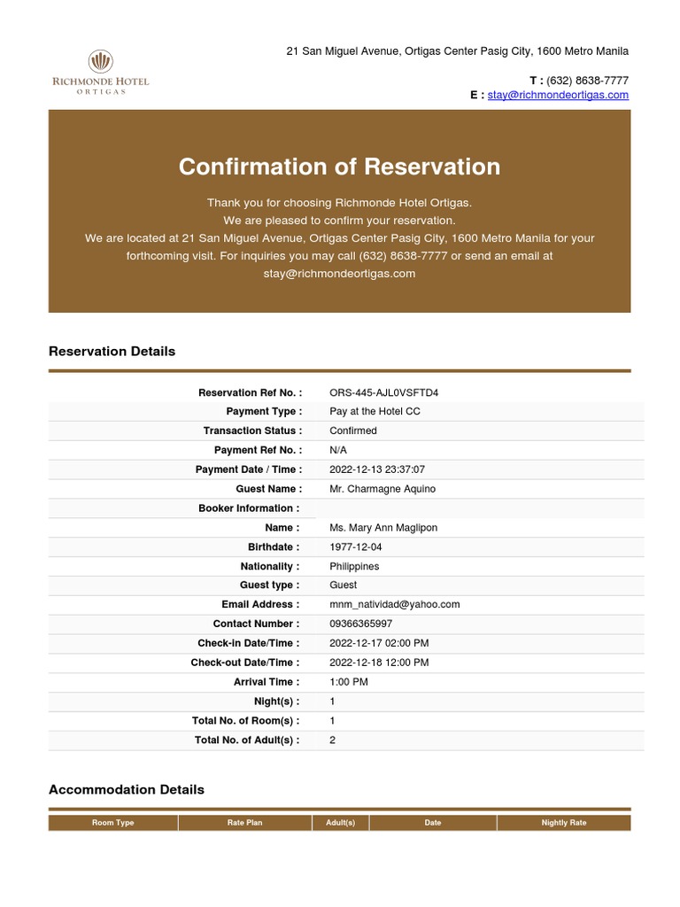 Confirmation of Reservation | PDF | Credit Card | Fee
