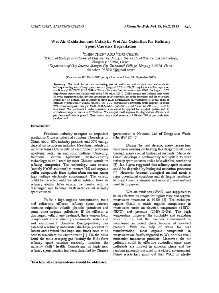 Wet Air Oxidation and Catalytic Wet Air Oxidation For Refinery Spent