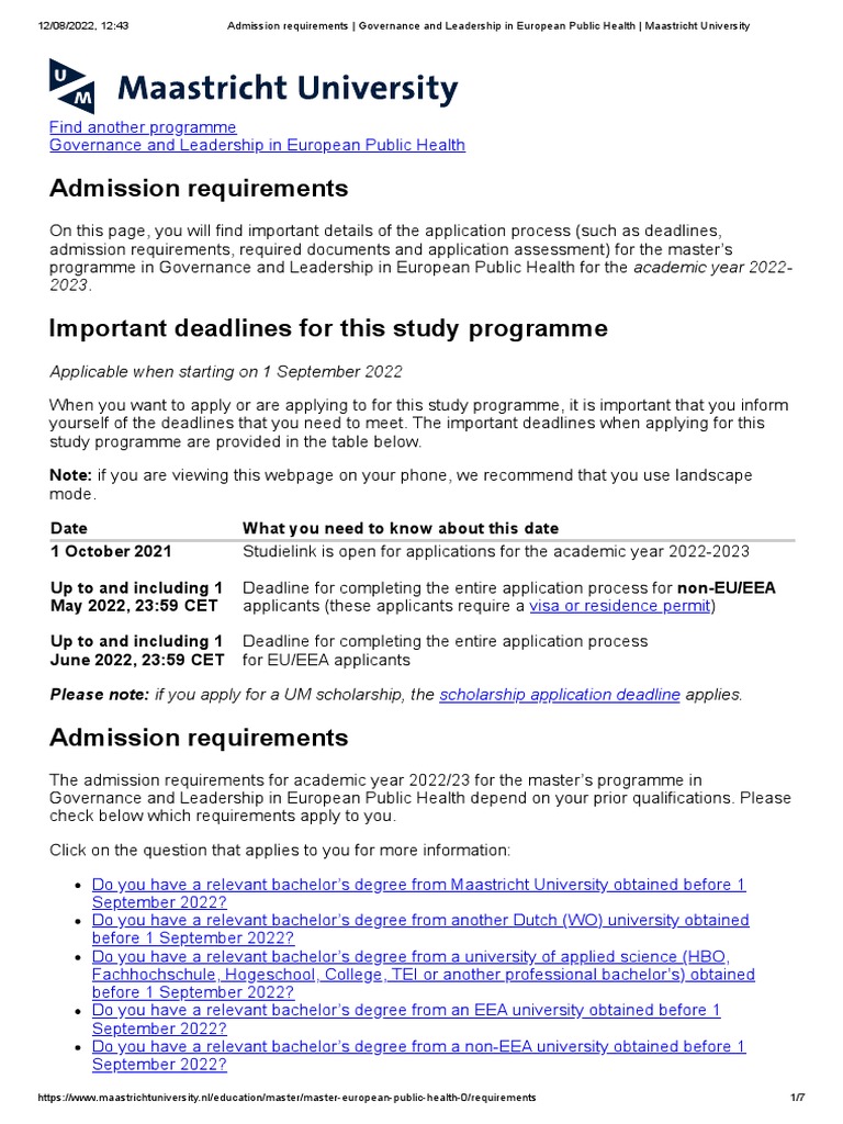 Admission Requirements Governance and Leadership in European Public