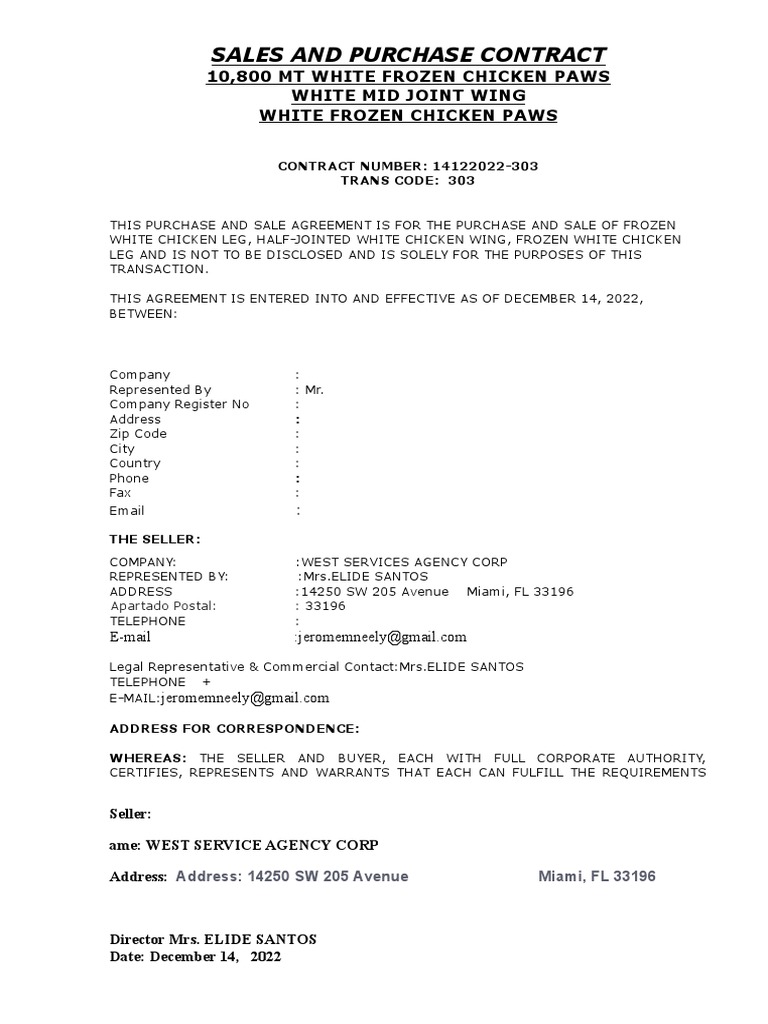 White Chicken Contract PDF Service Industries Business