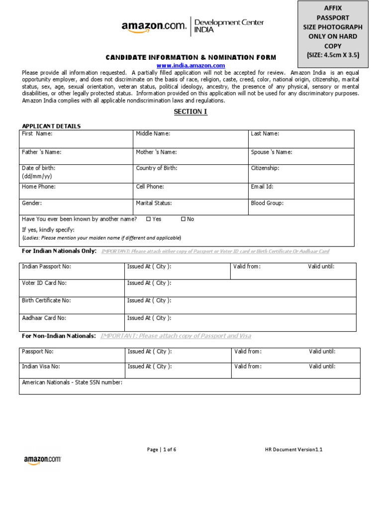 Amazon India Candidate Application Form | PDF | Identity Document ...