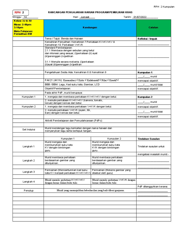 RPH Pemulihan BM Kelas 3: Haiwan & Benda | PDF