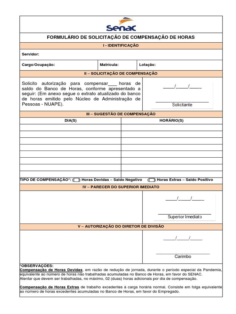 Form Compensacao Banco-De-horas 2020 | PDF