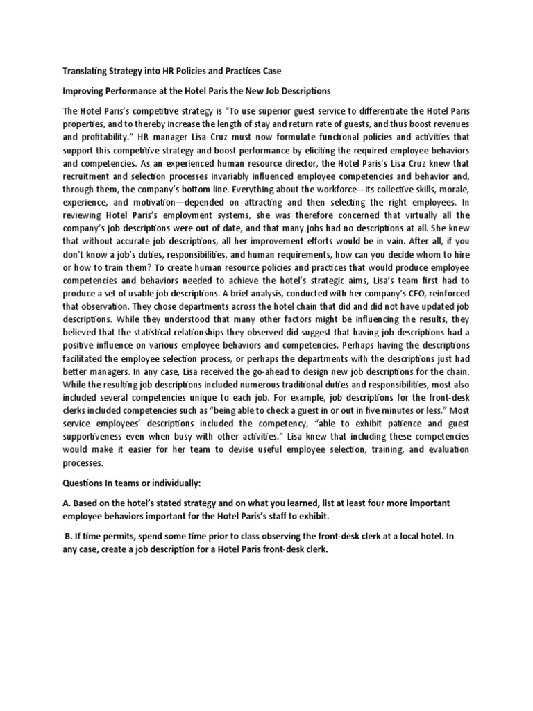 Job analysis assignment translating strategy into hr policies and