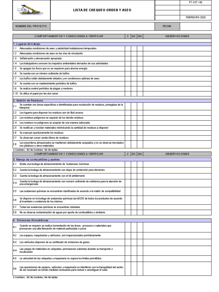 Lista de Chequeo de Orden y Aseo | PDF | Residuos | Hormigón