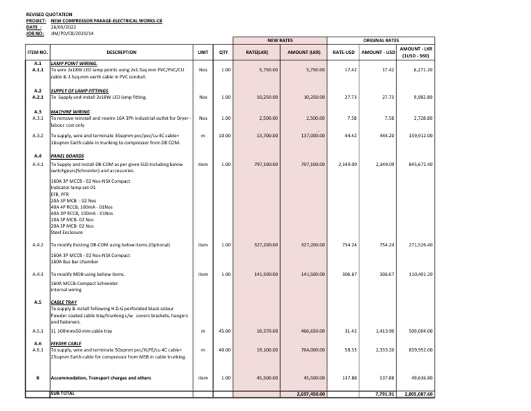 Electrical Quotation for Compressor Package | PDF | Electrical Wiring ...