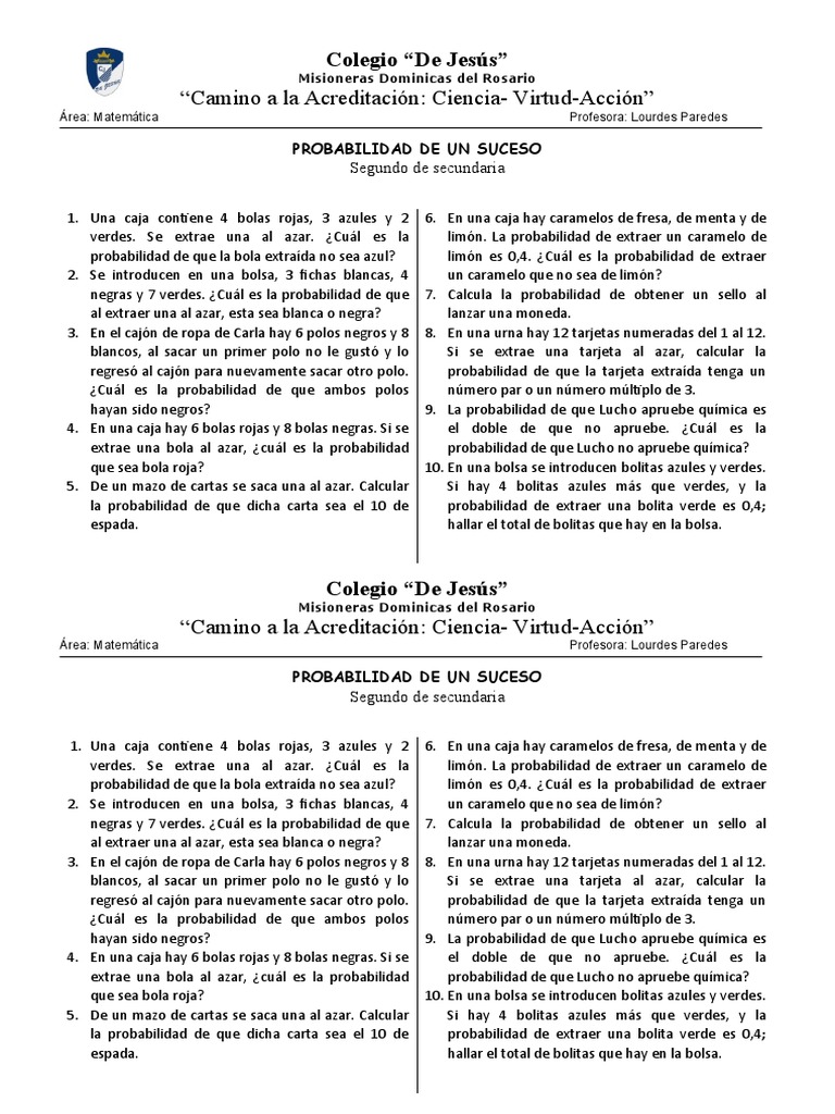 Ejercicios de Probabilidad para Secundaria | PDF | Probabilidad