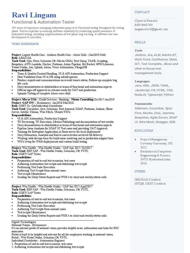 Senior Automation Tester Profile | PDF | Selenium (Software) | Computing