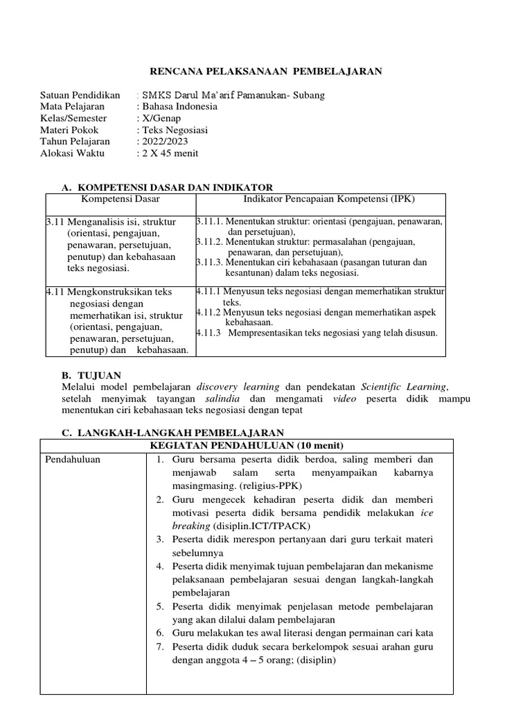 Rencana Pembelajaran Teks Negosiasi | PDF