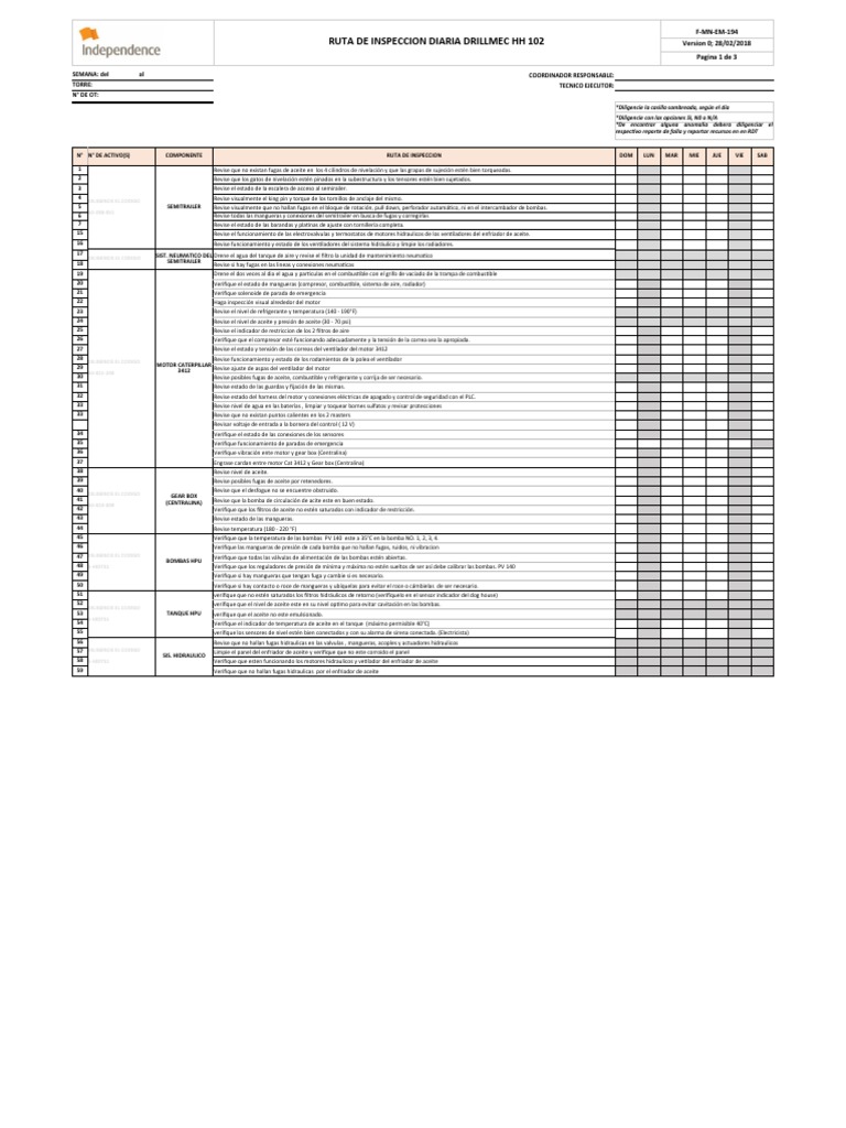 F-Mn-Em-194 Ruta de Inspeccion Drillmec Hh102 V - 00 | PDF | Bomba ...