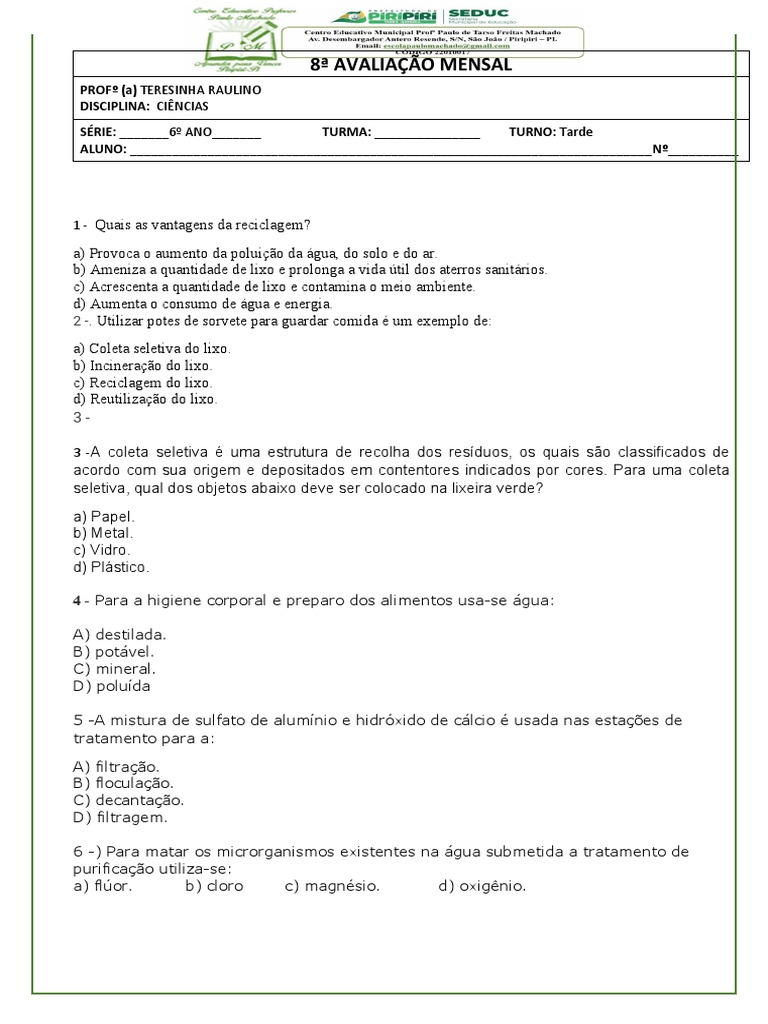 A PROVA 7 Avaliação de Ciências Do 6) Ano C e D | Download grátis PDF ...