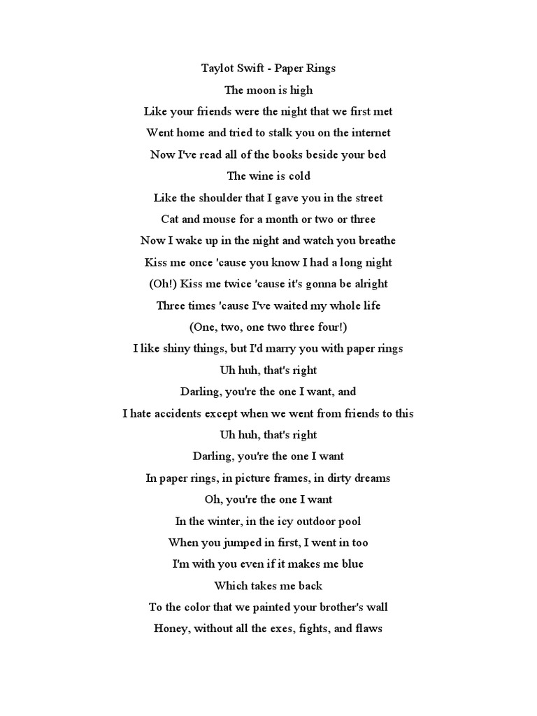 Taylot Swift Paper Rings Lyrics Text PDF