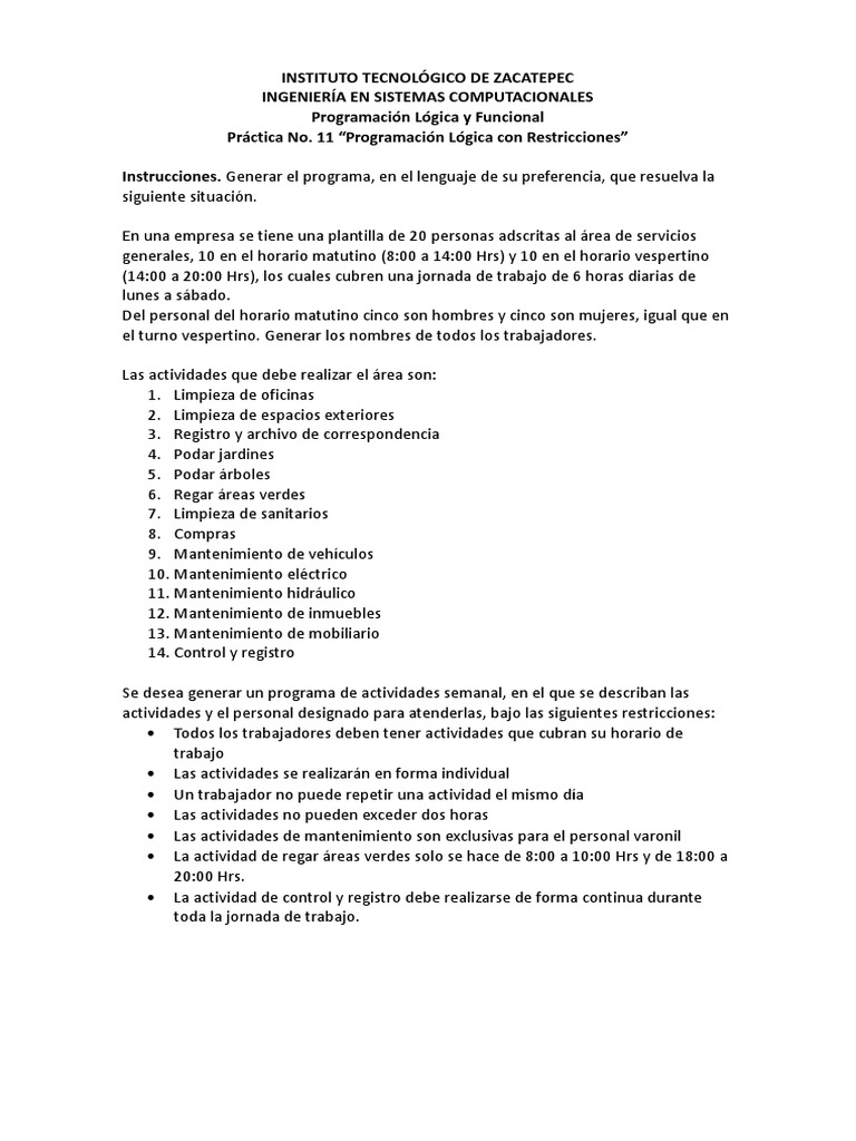 Práctica 11 Programación Lógica Con Restricciones PDF Tiempo de trabajo