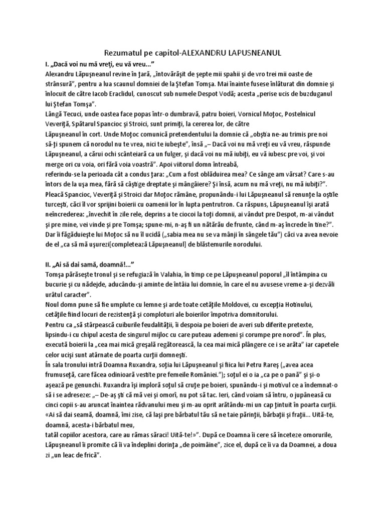 Alexandru Lapusneanu Rezumat Pe Capitole Rezumatul Pe capitole-ALEXANDRU LAPUSNEANUL | PDF