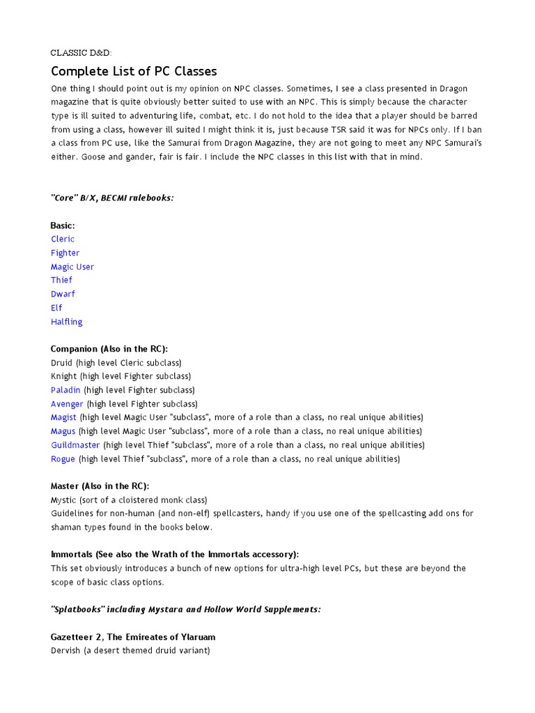 Complete List of PC Classes | PDF | Dwarf (Dungeons & Dragons) | D20 System