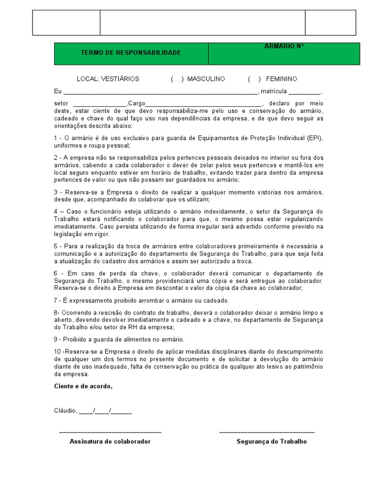 Atualizado TR - TERMO DE RESPONSABILIDADE ARMÁRIO | PDF