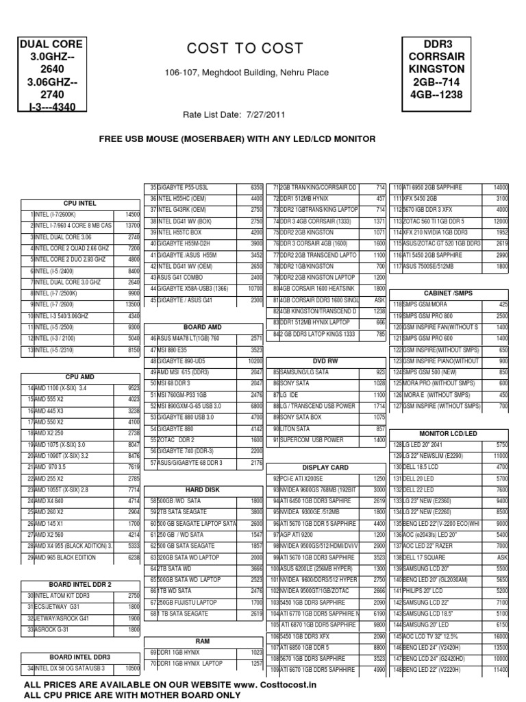 Cost to Cost computer hardware price list from July 2011 PDF Secure