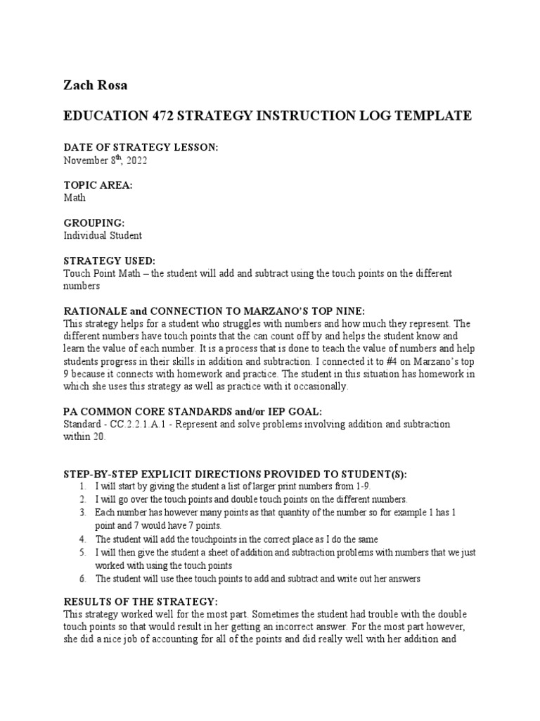 Touch Point Math Strategy Write Up PDF Communication Teaching