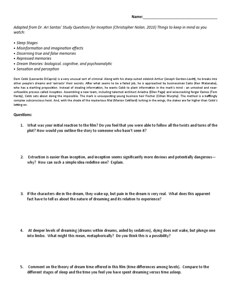 Inception Movie Questions PDF