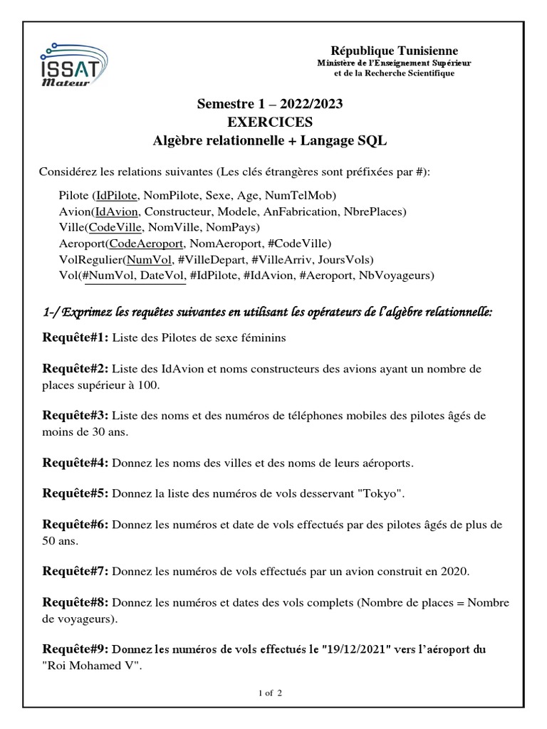 Exercices d'Algèbre Relationnelle SQL | PDF | SQL | Bases de données