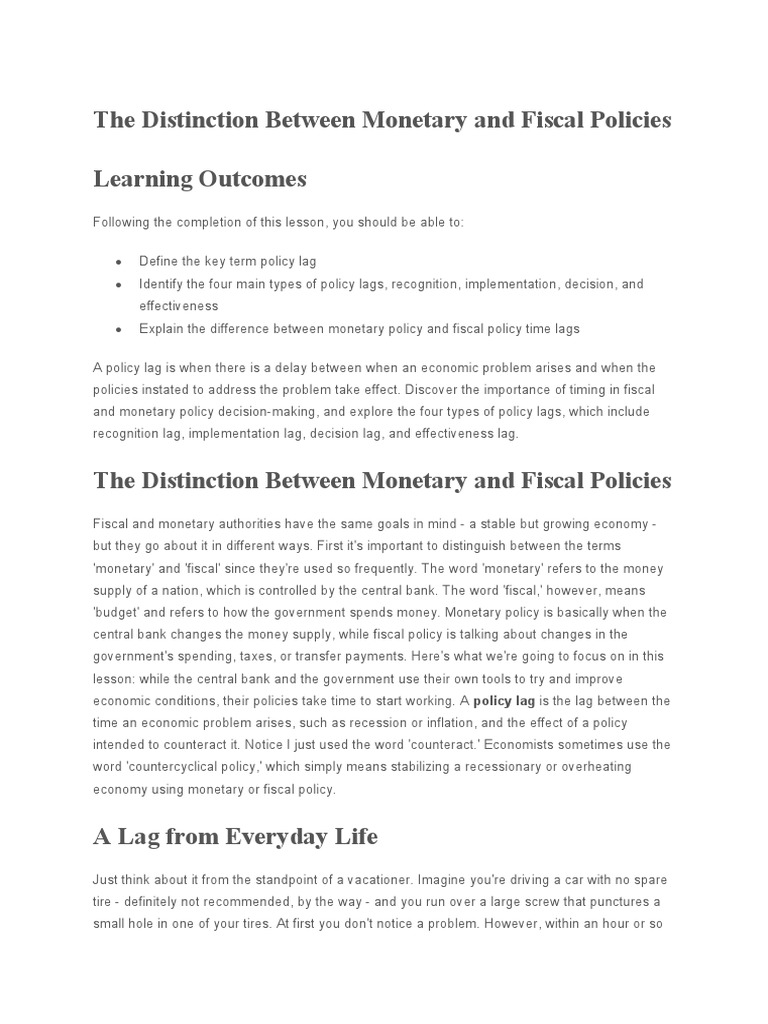 Lesson Summary The Distinction Between Monetary and Fiscal Policies