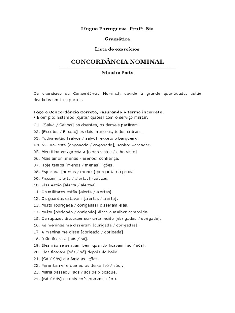 Concordancia Nominal Exercicios 1 | PDF