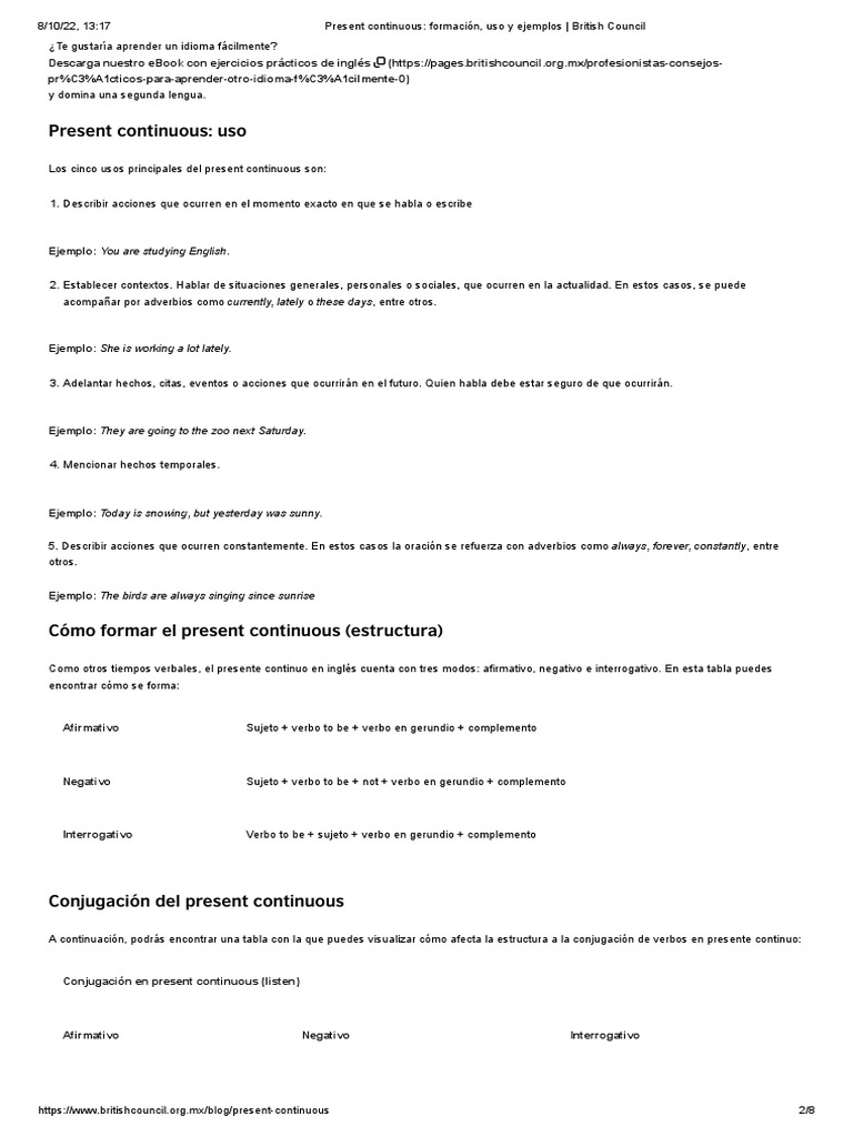 Present Continuous Formación, Uso y Ejemplos British Council PDF