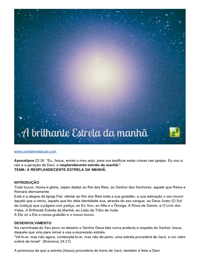 A RESPLANDECENTE ESTRELA DA MANHÃ - Apocalipse 22 - 16 | PDF | Jesus | Davi