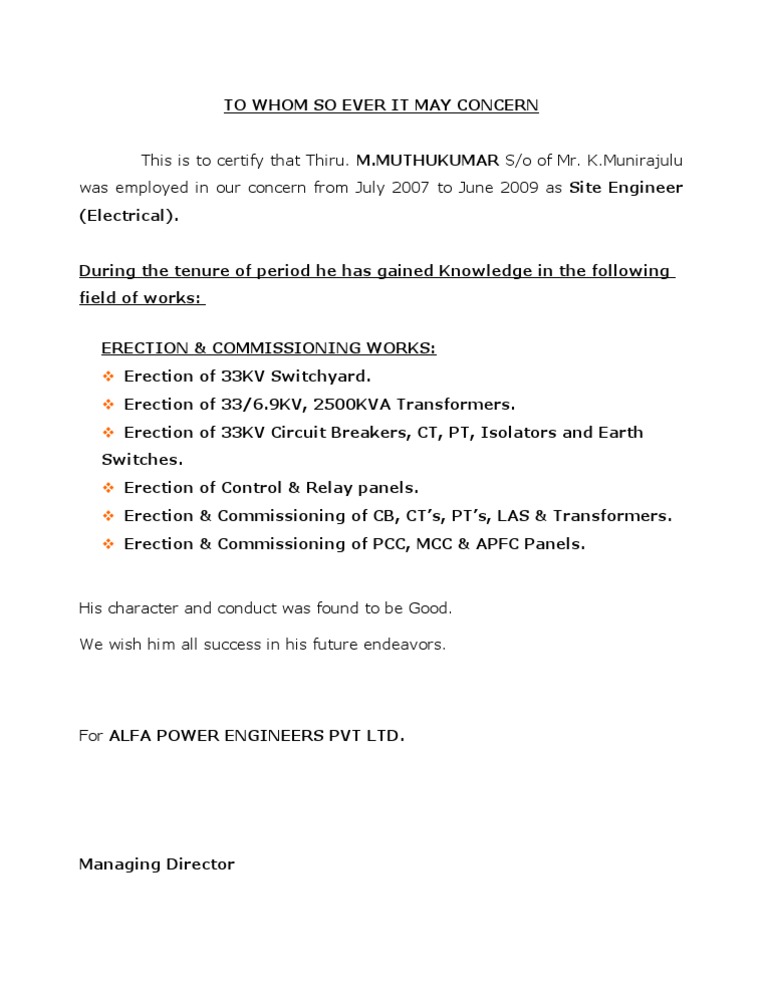 Electrical Engineer Experience Certificate | PDF